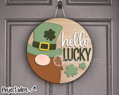 Hello Lucky Leprechaun Gnome Sign, Digital Download, SVG Laser Cut File, Cricut, Round Door Hanger Design, St. Patrick's Day Decor