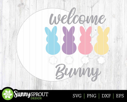 Welcome Bunny Tail Sign, Digital download, SVG Laser cut file, Cricut, Round door hanger design, Easter decor