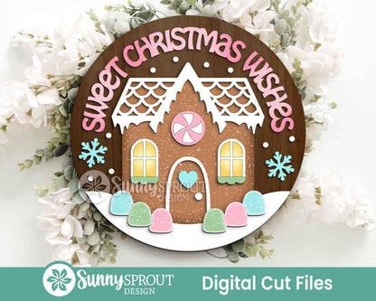 Sweet Christmas Wishes Gingerbread House Sign, Digital Download, SVG Laser Cut File, Cricut, Round Door Hanger Design