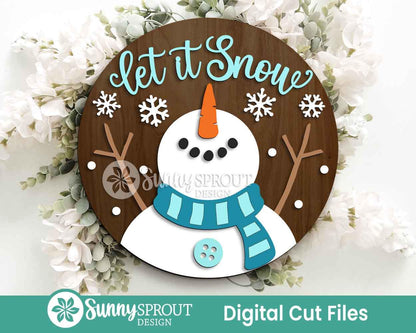 Let It Snow Snowman Sign, Round door hanger svg, Christmas holiday sign, Glowforge laser cut file, Cricut, Winter decor