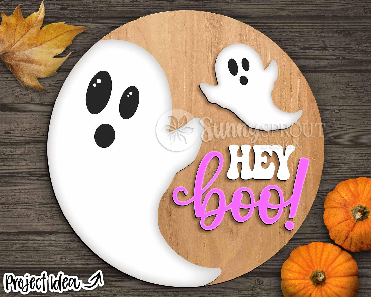 Hey Boo Ghost Sign, Digital Download, SVG Laser Cut File, Cricut, Round Halloween Door Hanger Design