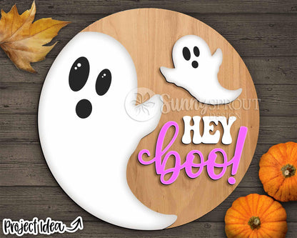 Hey Boo Ghost Sign, Digital Download, SVG Laser Cut File, Cricut, Round Halloween Door Hanger Design