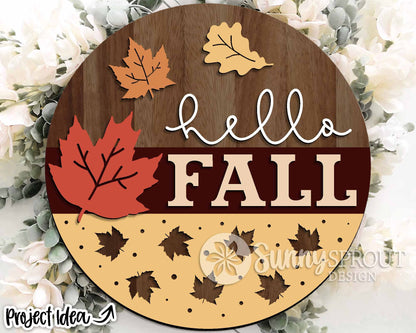 Hello Fall Leaf Sign, Digital Download, SVG Laser Cut File, Cricut, Round Fall Door Hanger Design