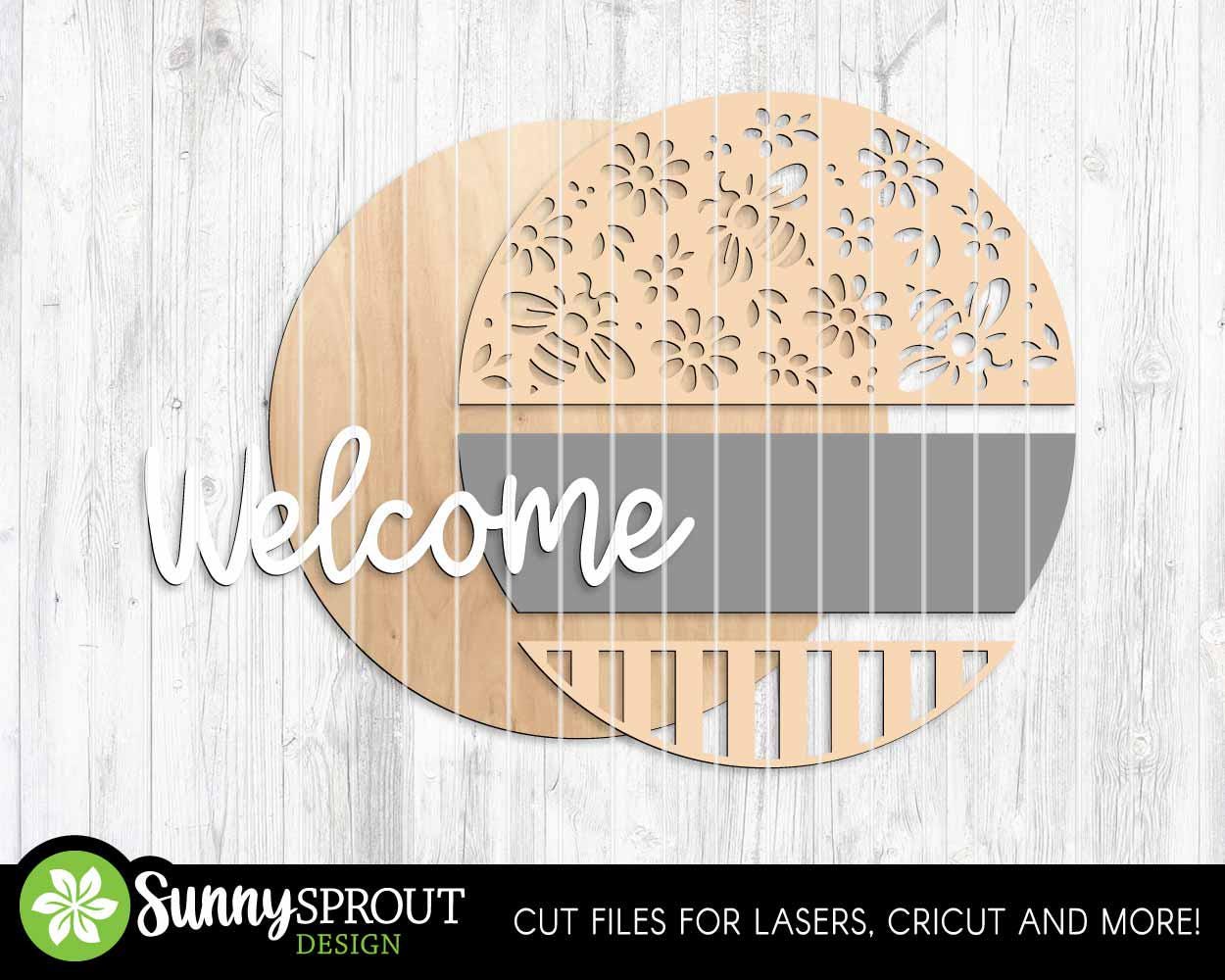 Welcome Bee & Flower Pattern Sign, Digital Download, SVG Laser Cut File, Cricut, Summer Round Door Hanger Design