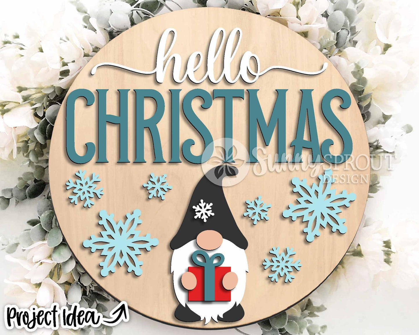 Hello Christmas Gnome Snowflake Sign, Digital Download, SVG Laser Cut File, Cricut, Round Door Hanger Design