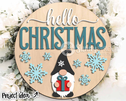 Hello Christmas Gnome Snowflake Sign, Digital Download, SVG Laser Cut File, Cricut, Round Door Hanger Design
