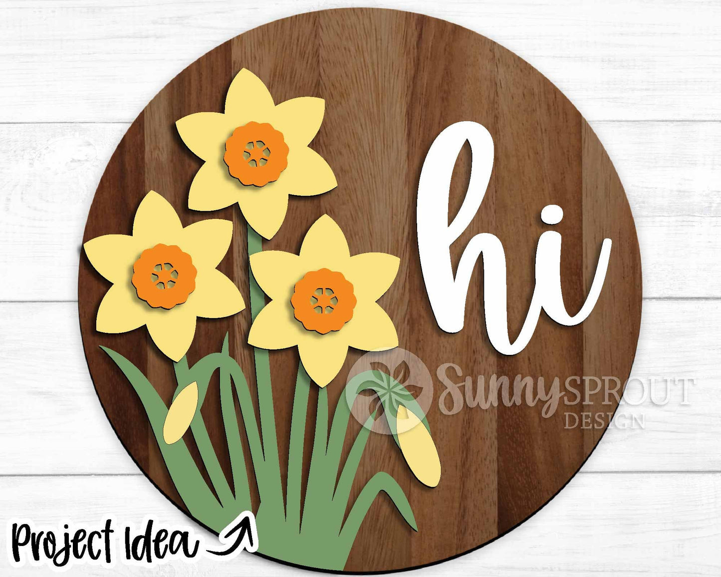 Hi Daffodil Flower Sign, Digital download, SVG Laser cut file, Cricut, Round door hanger design, Spring Easter decor