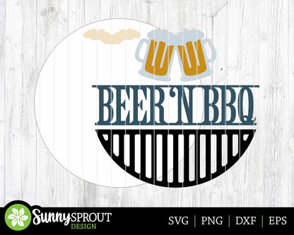 Beer 'N BBQ Grill Sign, Digital Download, SVG Laser Cut File, Cricut, Summer Father's Day Round Door Hanger Design