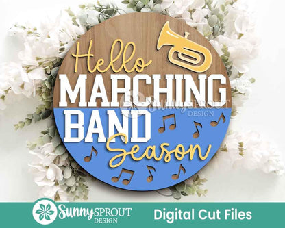 Hello Marching Band Season Sign, Digital Download, SVG Laser Cut File, Cricut, Round Door Hanger Wall Art Design, Sports Decor