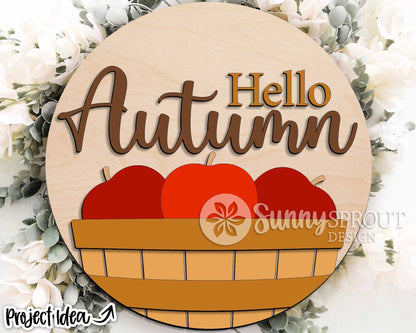 Hello Autumn Apple Bushel Sign, Digital Download, SVG Laser Cut File, Cricut, Round Fall Door Hanger Design, Farmhouse Decor
