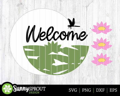 Welcome Lilypad Flower Dragonfly Sign, Digital download, SVG Laser cut file, Cricut, Round door hanger design, Summer lake pond decor
