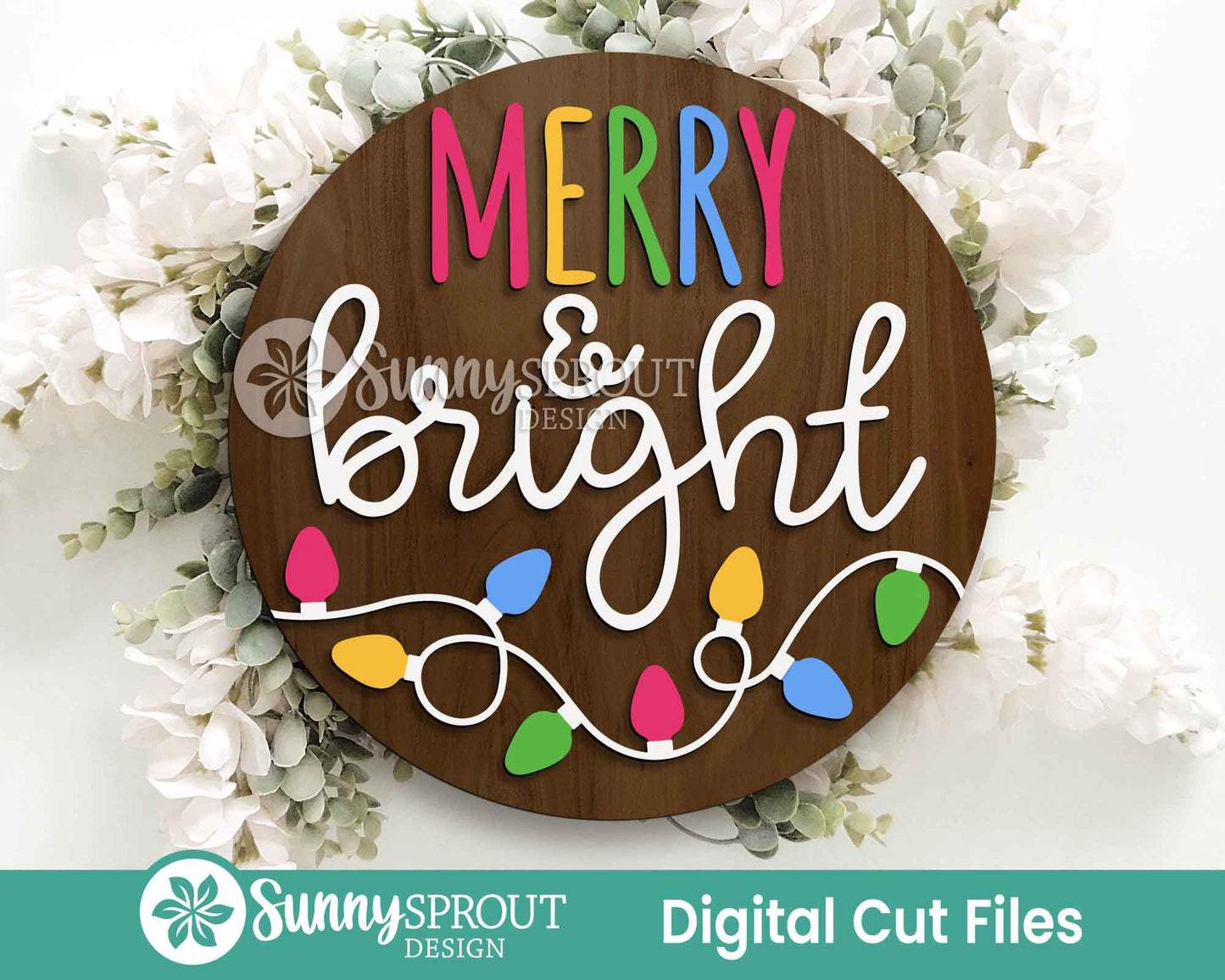 Merry & Bright String Light Sign, Digital download, SVG laser cut file, Cricut, Round door hanger design, Christmas decor