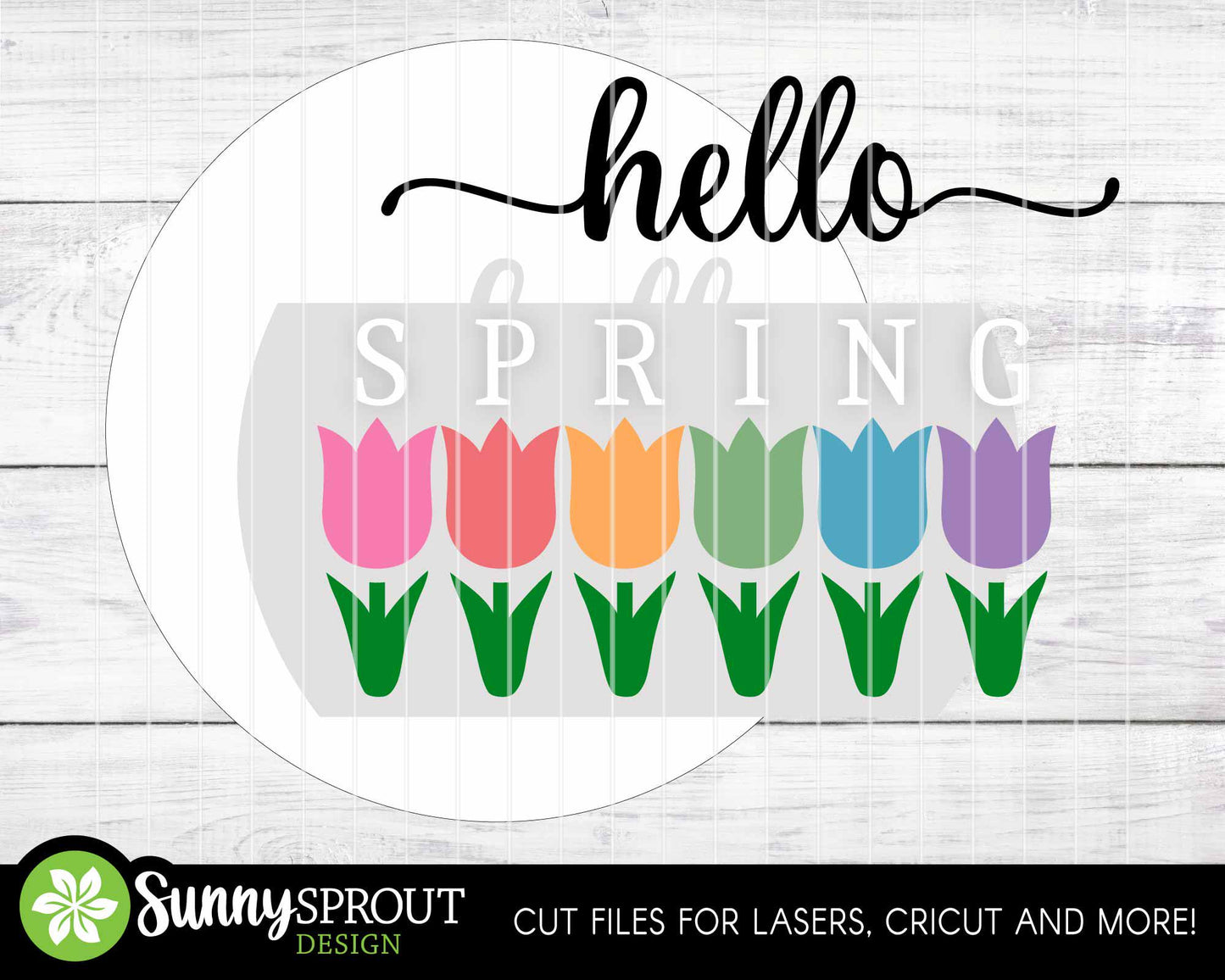 Hello Spring Tulip Flowers Sign, Digital download, SVG Laser cut file, Cricut, Round door hanger design
