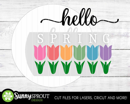 Hello Spring Tulip Flowers Sign, Digital download, SVG Laser cut file, Cricut, Round door hanger design