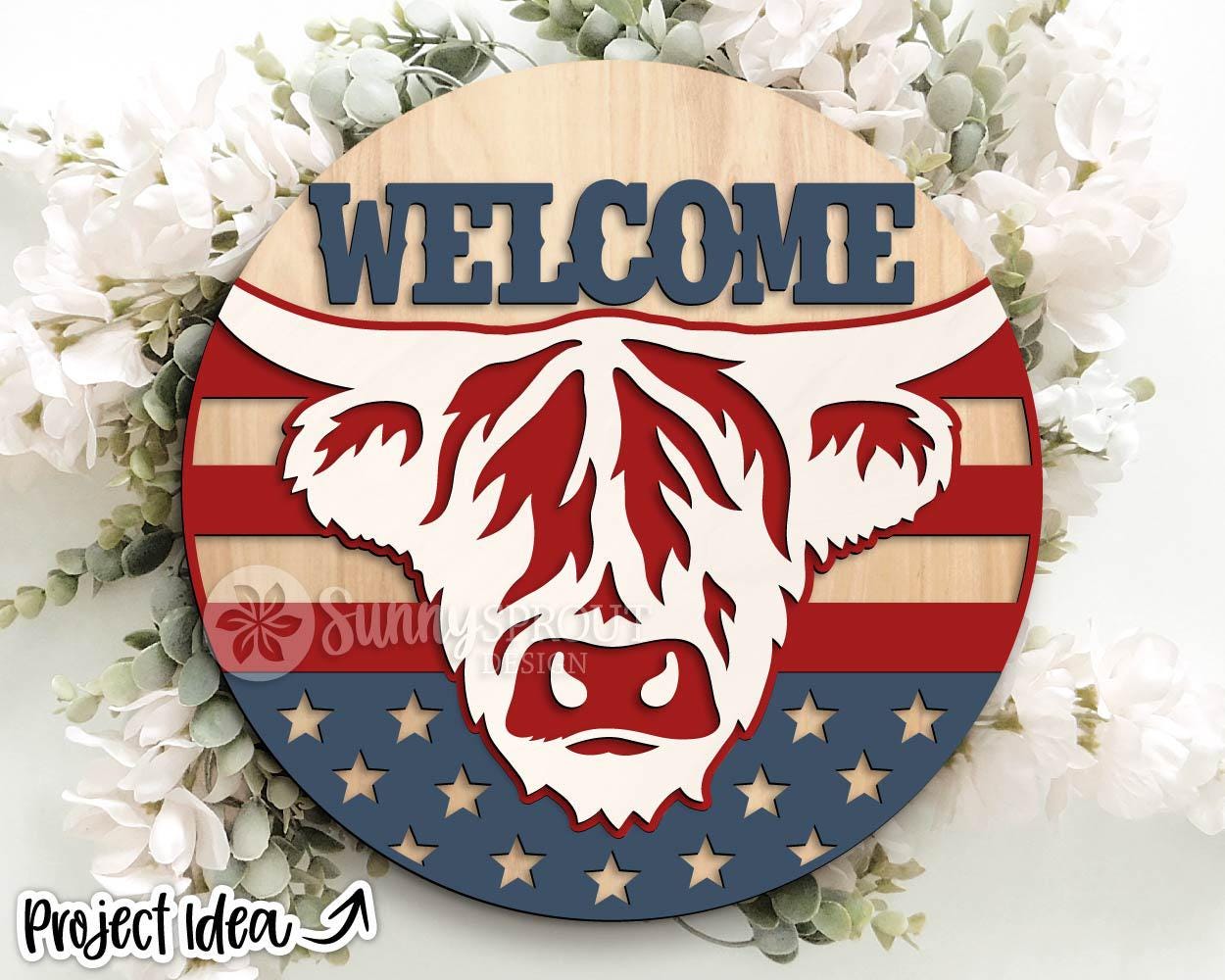 Welcome Patriotic Highland Cow Sign, Digital Download, SVG Laser Cut File, Round Door Hanger Design, 4th of July Independence Day Decor