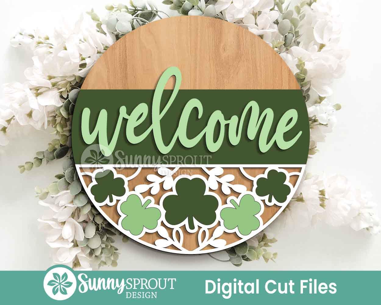 Clover Pattern Welcome Sign, Digital Download, SVG Laser Cut File, Cricut, Round Door Hanger Design, St. Patrick's Day Decor