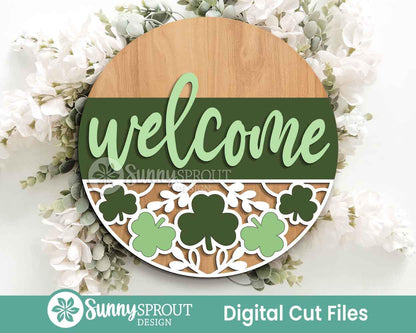 Clover Pattern Welcome Sign, Digital Download, SVG Laser Cut File, Cricut, Round Door Hanger Design, St. Patrick's Day Decor