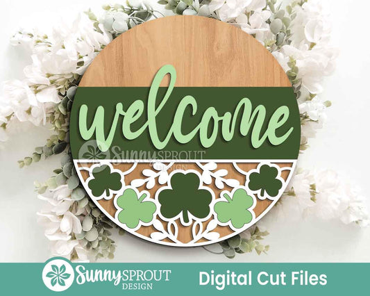 Clover Pattern Welcome Sign, Digital Download, SVG Laser Cut File, Cricut, Round Door Hanger Design, St. Patrick's Day Decor