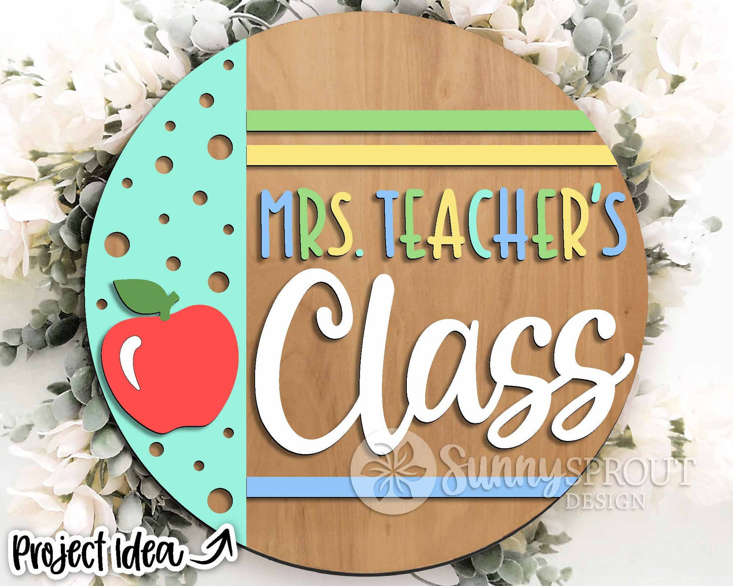 Class Apple Teacher Name Sign, Digital download, SVG Laser cut file, Cricut, Round door hanger design, Personalize school decor