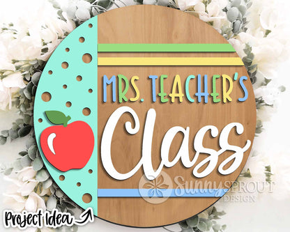 Class Apple Teacher Name Sign, Digital download, SVG Laser cut file, Cricut, Round door hanger design, Personalize school decor
