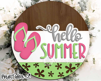 Hello Summer Flip Flop Sign, Digital Download, SVG Laser Cut File, Cricut, Beach Round Door Hanger Design