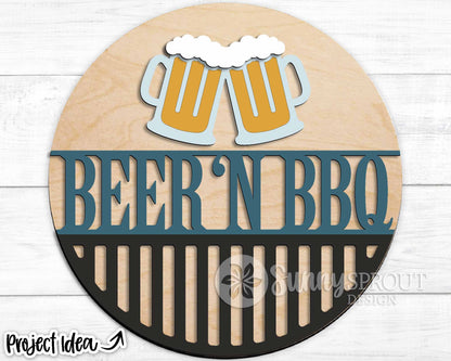 Beer 'N BBQ Grill Sign, Digital Download, SVG Laser Cut File, Cricut, Summer Father's Day Round Door Hanger Design