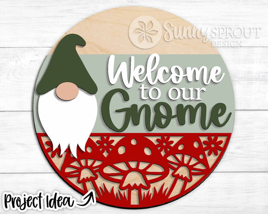 Welcome to Our Gnome Mushrooms Sign, Digital Download, SVG Laser Cut File, Cricut, Spring Summer Round Door Hanger Design