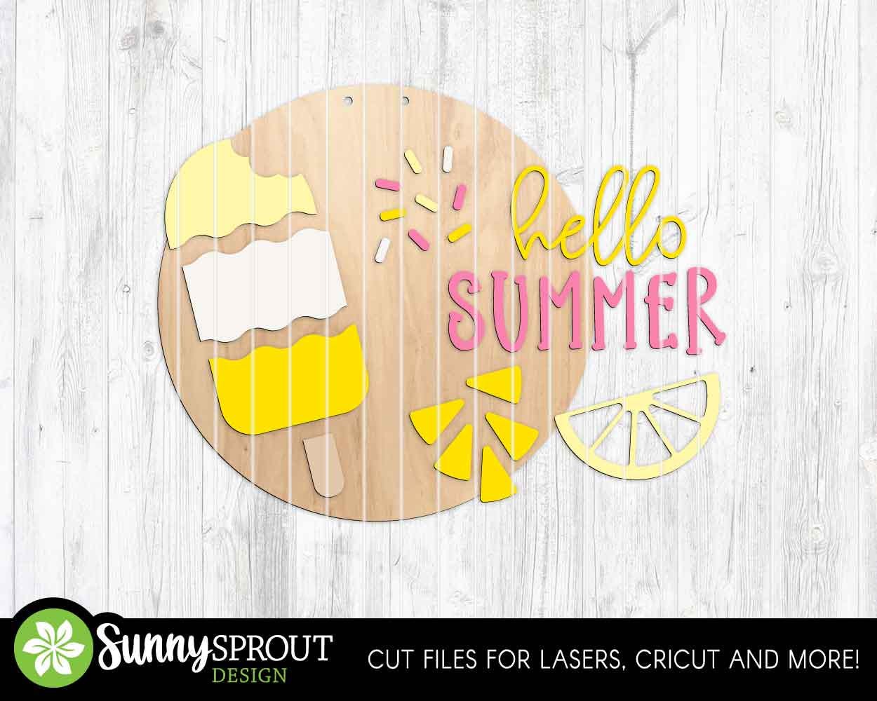 Hello Summer Lemon Popsicle Sign, Digital Download, SVG Laser Cut File, Cricut, Round Welcome Door Hanger Design