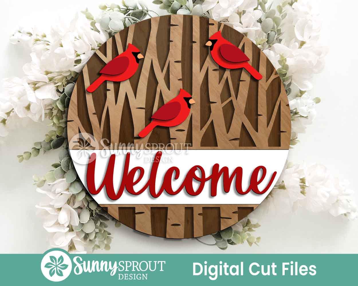 Welcome Cardinal Birch Tree Sign, Round door hanger, Glowforge laser file, Cricut, Christmas decor, Winter, Bird sign svg