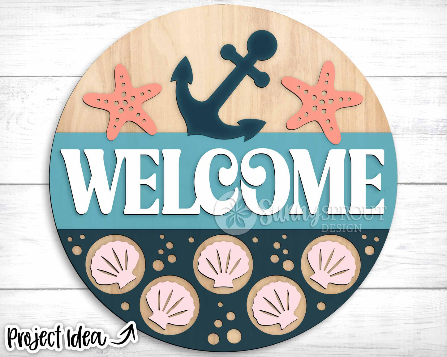 Welcome Anchor Seashell Sign, Digital download, SVG Laser cut file, Cricut, Round door hanger design, Ocean coastal beach decor