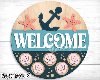 Welcome Anchor Seashell Sign, Digital download, SVG Laser cut file, Cricut, Round door hanger design, Ocean coastal beach decor