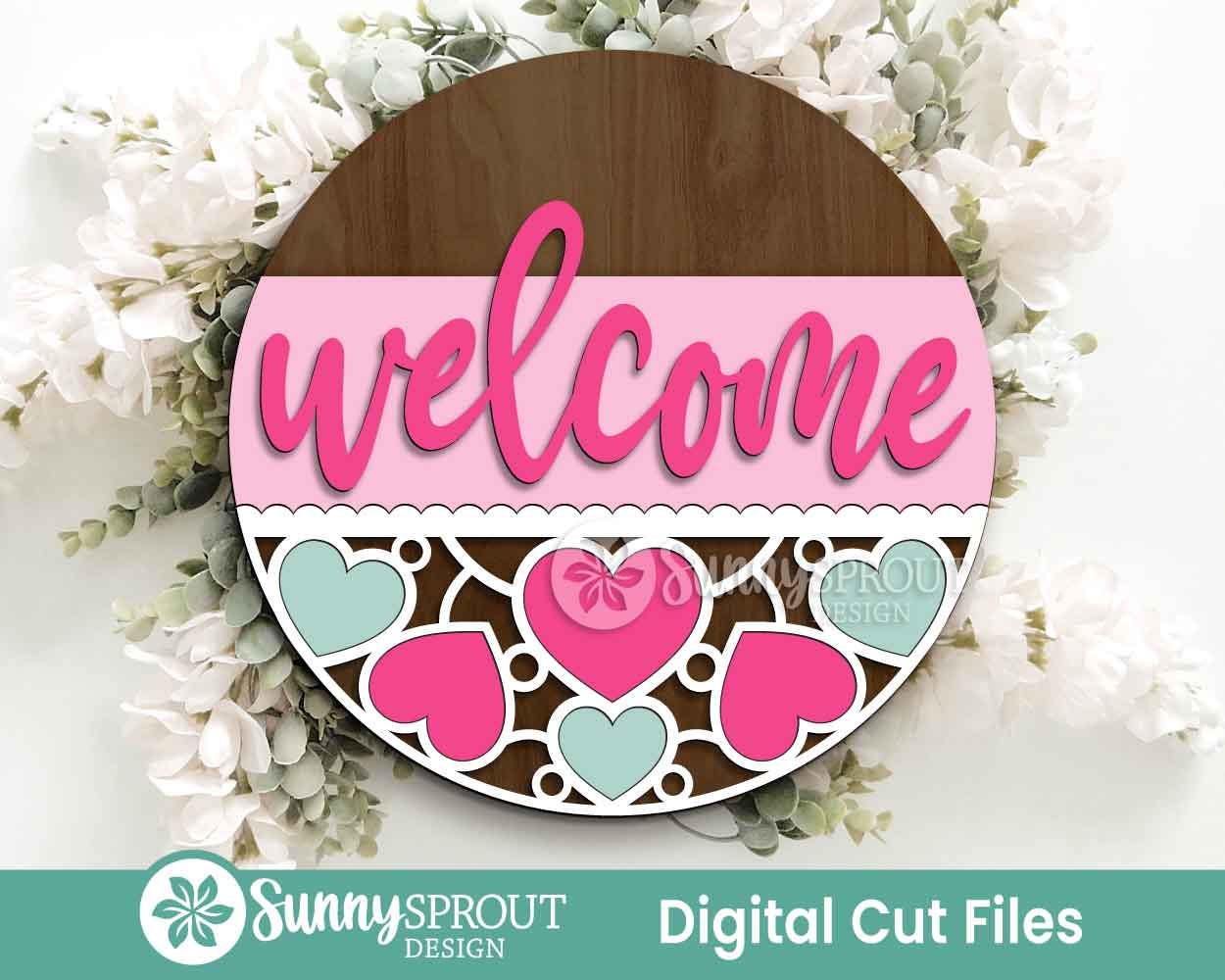 Welcome Heart Pattern Sign, Digital Download, SVG Laser Cut File, Cricut, Round Door Hanger Design, Valentine's Day Decor
