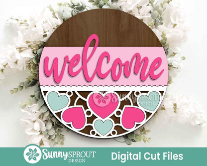 Welcome Heart Pattern Sign, Digital Download, SVG Laser Cut File, Cricut, Round Door Hanger Design, Valentine's Day Decor