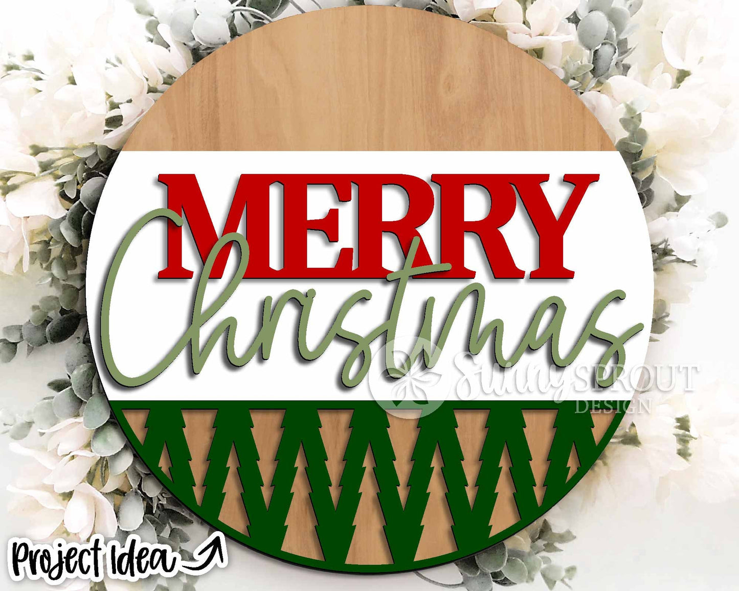 Merry Christmas Tree Pattern Sign, Digital Download, SVG Laser Cut File, Cricut, Round Door Hanger Design