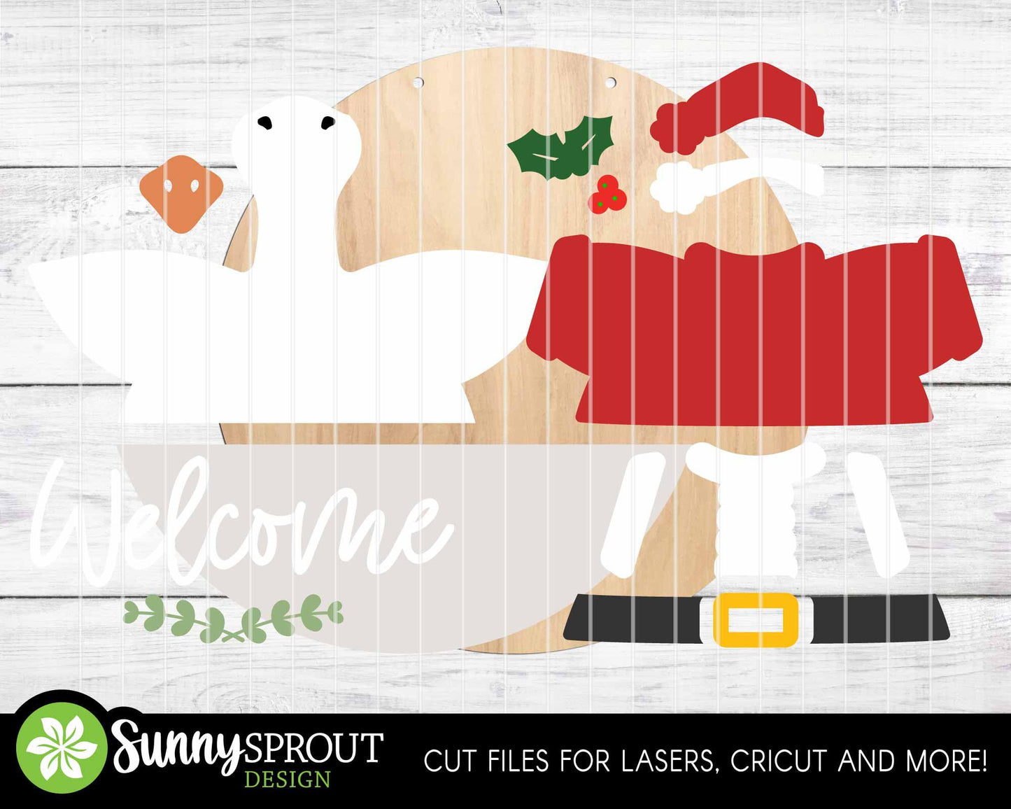 Santa Goose Welcome Christmas Sign, Digital Download, SVG Laser Cut File, Cricut, Round Door Hanger Design