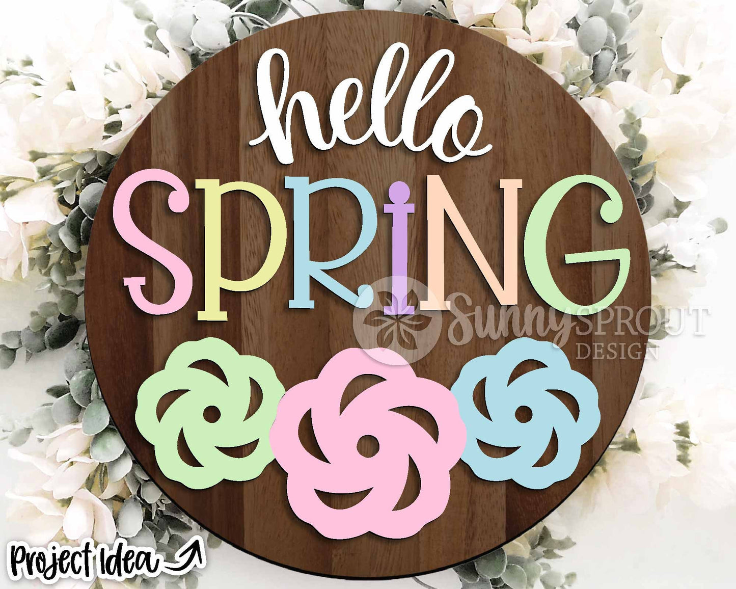Hello Spring Flowers Sign, Digital download, SVG Laser cut file, Cricut, Round door hanger design