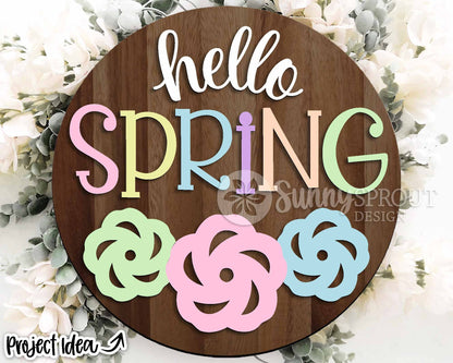 Hello Spring Flowers Sign, Digital download, SVG Laser cut file, Cricut, Round door hanger design