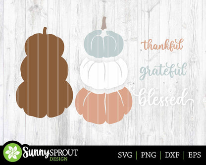 Thankful Grateful Blessed Pumpkin Sign, Digital Download, SVG Laser Cut File, Cricut, Farmhouse Thanksgiving Fall Door Hanger Design