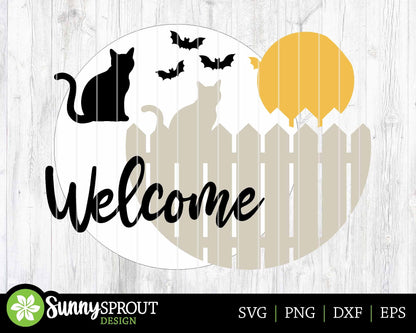 Welcome Fence Cat Moon Sign, Digital Download, SVG Laser Cut File, Cricut, Round Halloween Door Hanger Design