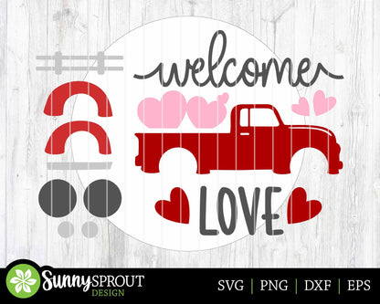 Welcome Love Valentine Truck Sign, Digital Download, SVG Laser Cut File, Cricut, Round Door Hanger Design, Farmhouse Valentine's Day Decor