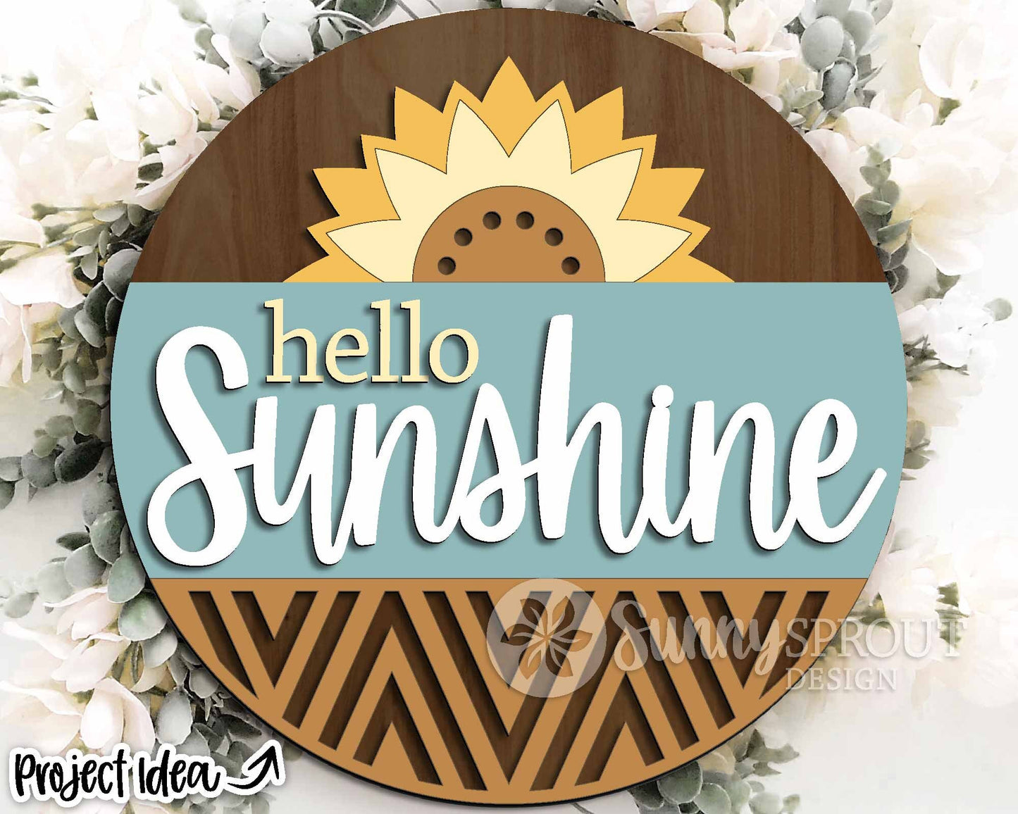 Hello Sunshine Sunflower Geometric Sign, Digital Download, SVG Laser Cut File, Cricut, Summer Round Door Hanger Design