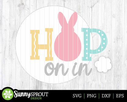 Hop On In Bunny Tail Sign, Digital download, SVG Laser cut file, Cricut, Round door hanger design