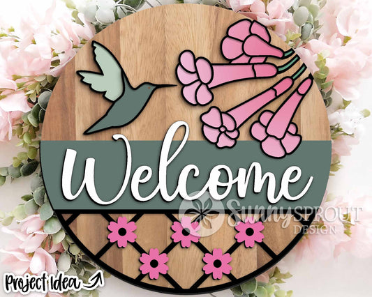 Welcome Hummingbird Flower Sign, Digital download, SVG Laser cut file, Cricut, Round door hanger design, Spring summer decor