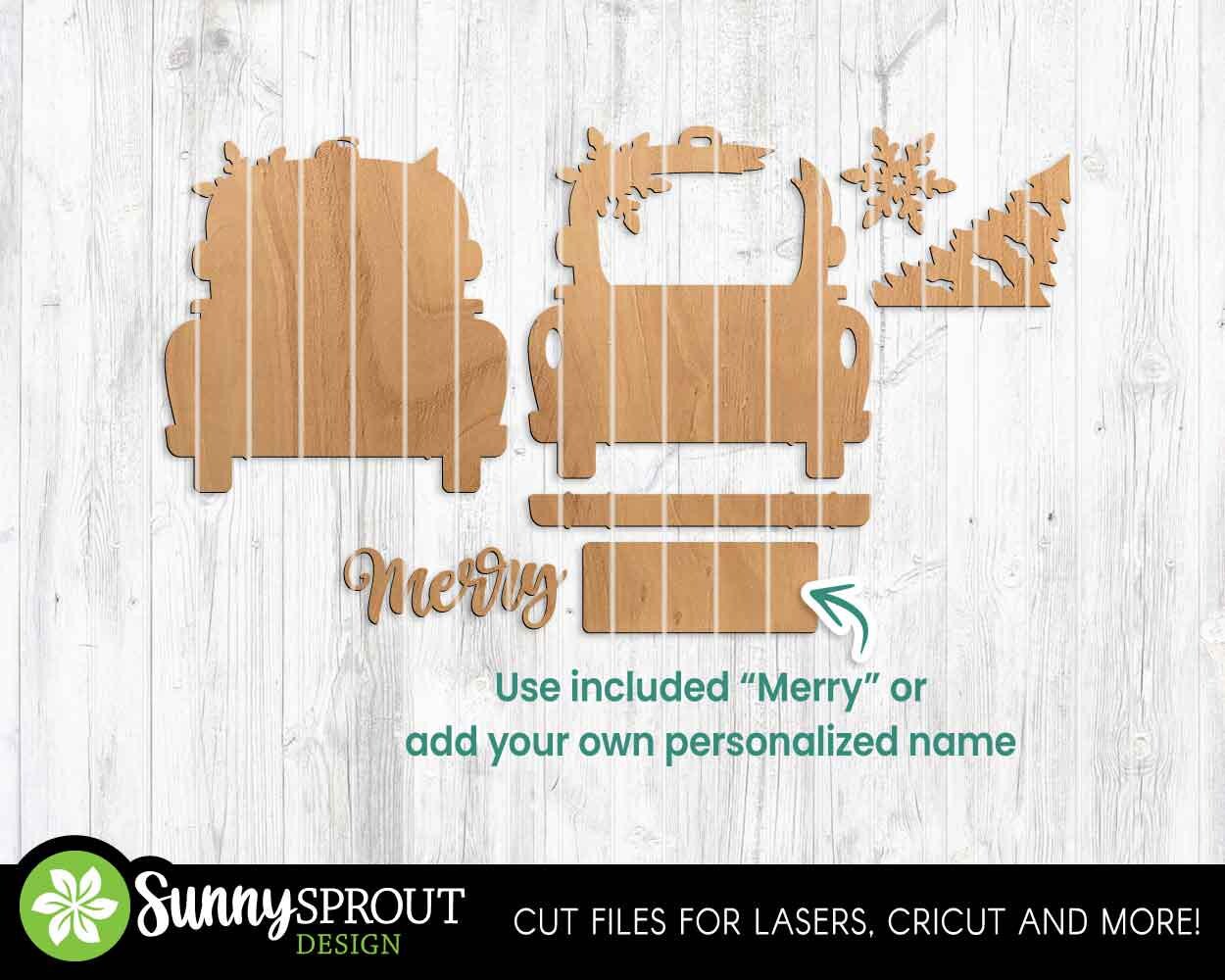 Christmas Tree Old Truck Ornament, Digital download, SVG laser cut file, Cricut, Personalize name farmhouse Christmas design