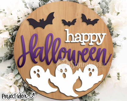 Happy Halloween Ghosts and Bats Sign, Digital Download, SVG Laser Cut File, Cricut, Round Door Hanger Design