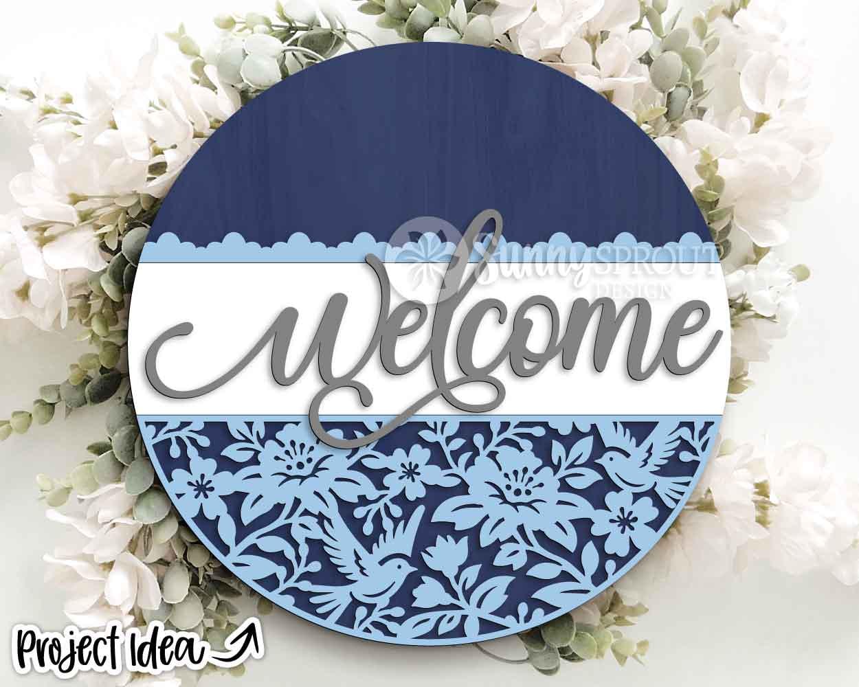 Welcome Chinoiserie Flower Pattern Sign, Digital Download, SVG Laser Cut File, Cricut, Floral Lace Round Door Hanger Design