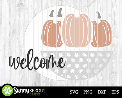 Welcome Three Pumpkin Leaf Pattern Sign, Digital Download, SVG Laser Cut File, Cricut, Round Fall Door Hanger Design