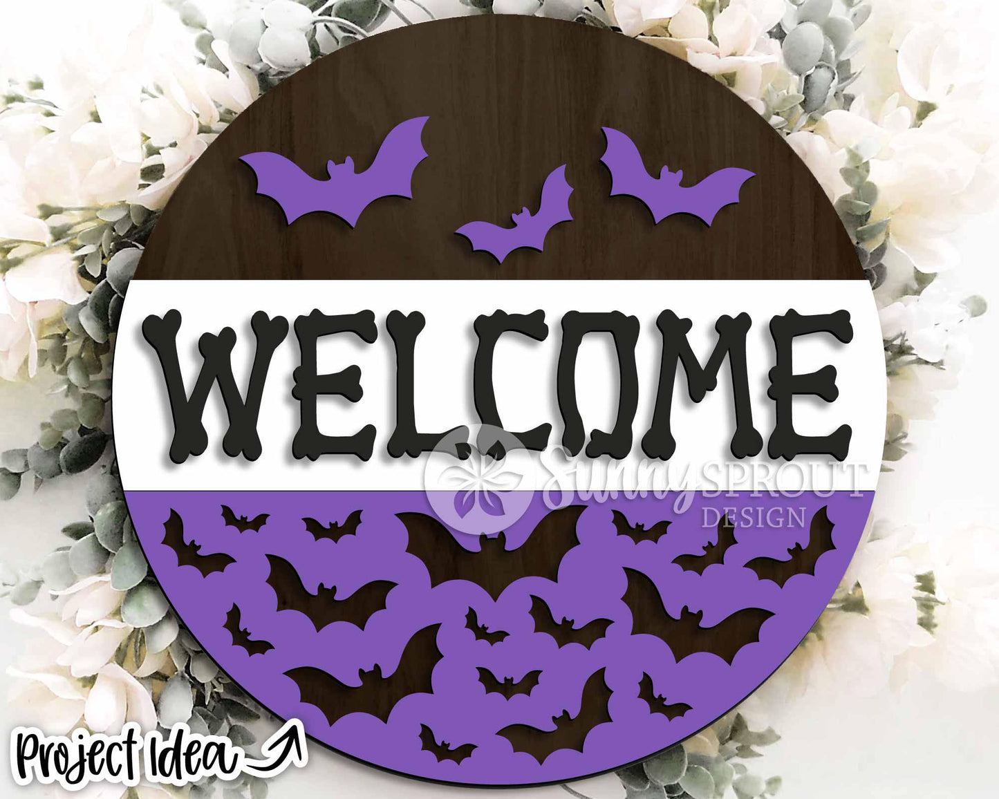 Welcome Bones and Bat Pattern Sign, Digital Download, SVG Laser Cut File, Cricut, Round Halloween Door Hanger Design