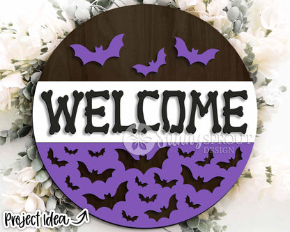 Welcome Bones and Bat Pattern Sign, Digital Download, SVG Laser Cut File, Cricut, Round Halloween Door Hanger Design