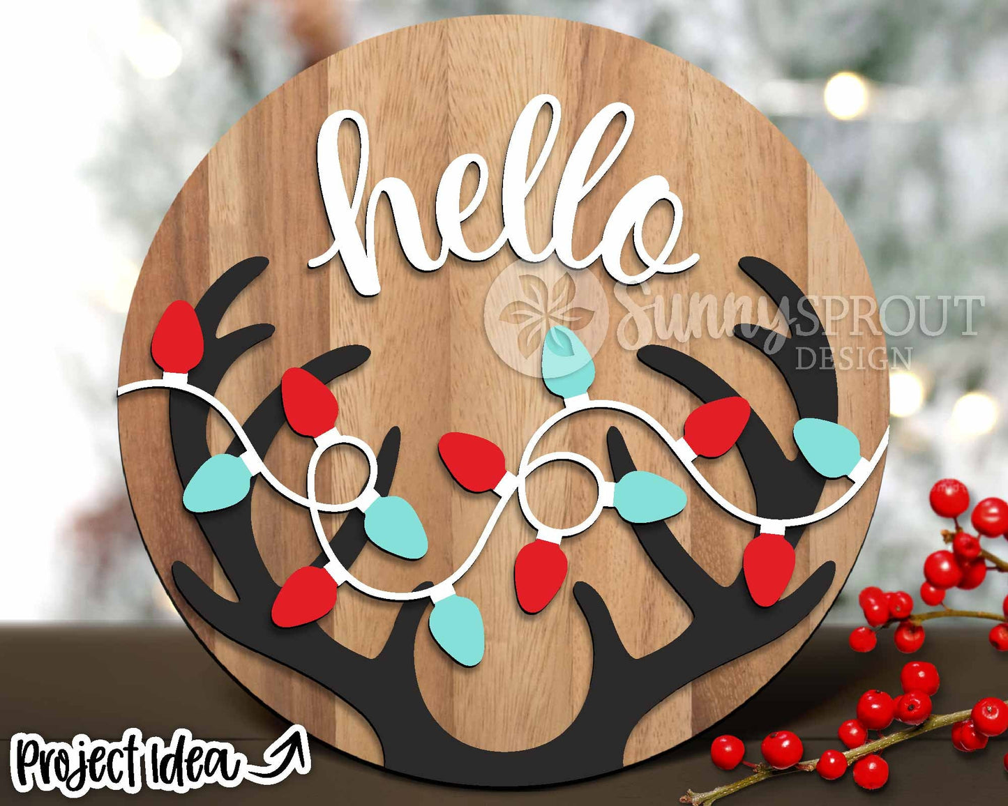 Hello Reindeer Lights Sign, Digital Download, SVG Laser Cut File, Cricut, Round Door Hanger Design, Modern Christmas Decor